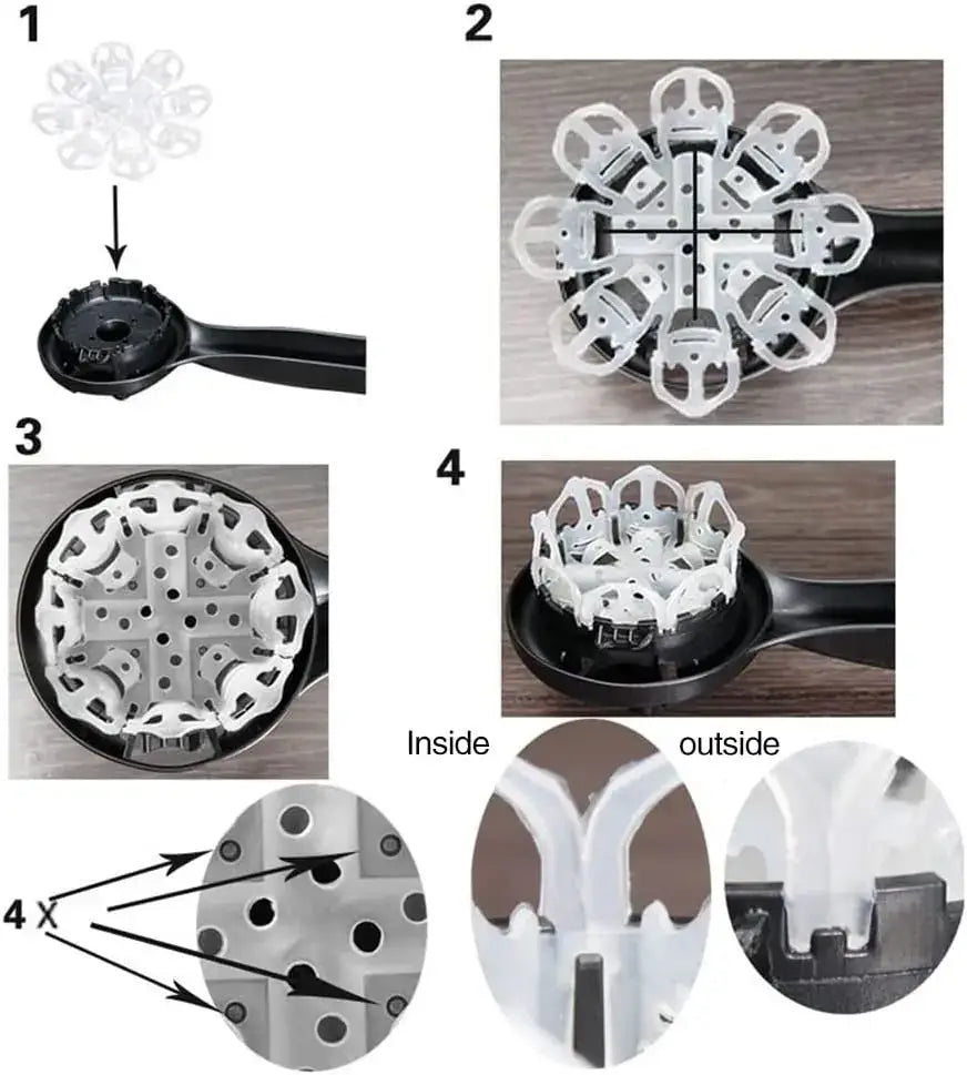 White plastic flower-shaped egg cooker insert with black handle for red and black decorbites espresso machine brush cleaner