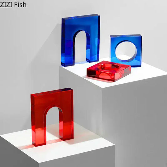 Vibrant red and blue translucent acrylic crystal arch glass sculpture with geometric cut-out arches for living room decor
