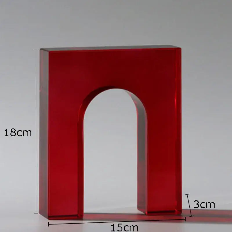 Red translucent crystal arch glass sculpture 18cm tall 15cm wide for living room decor with geometric design