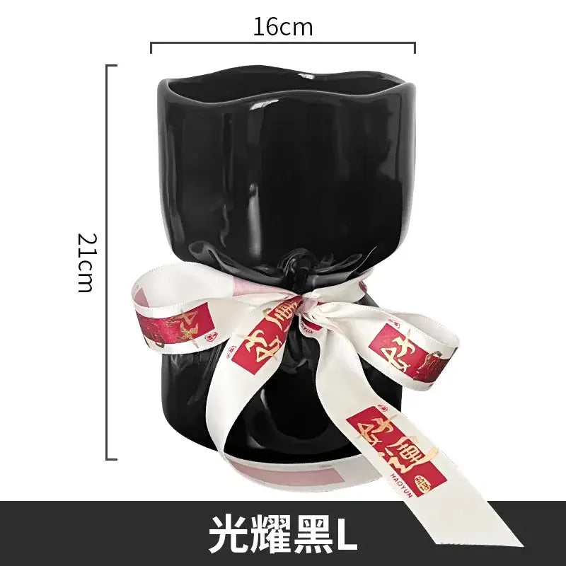 Black glossy bouquet shape ceramic planter with white ribbon and red chinese characters for living room decorbites bouquet shape decor