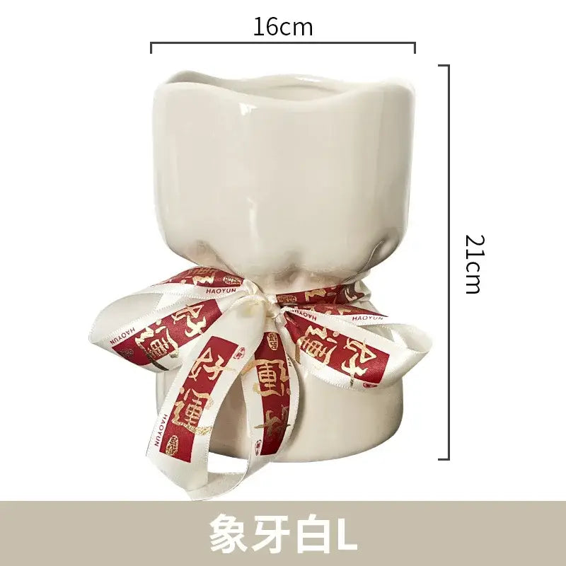 Cream-colored bouquet shape ceramic planter with red and white ribbon decorbites bouquet shape for living room decor
