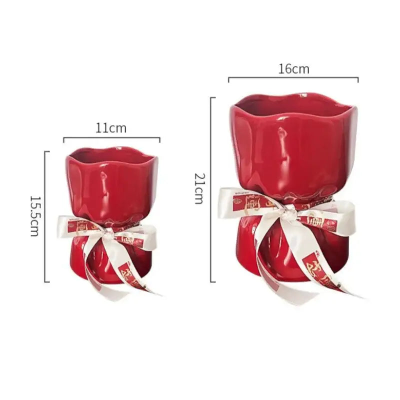 Red bouquet shape ceramic flower pots with glossy finish and white ribbon bows featuring red printed characters for decorbites bouquet shape decor