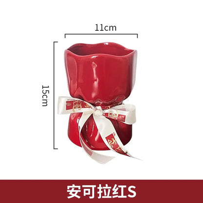 Red glossy bouquet shape ceramic planter with white ribbon and red chinese characters for living room decorbites bouquet shape decor