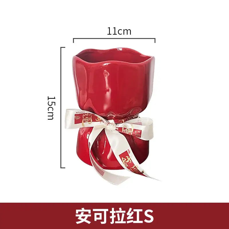 Red glossy bouquet shape ceramic planter with white ribbon and red chinese characters for living room decorbites bouquet shape decor