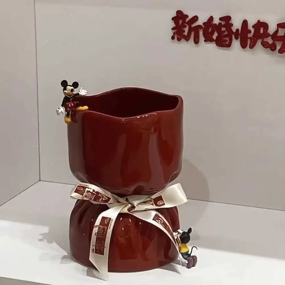 Glossy deep red bouquet shape ceramic vase with playful Mickey Mouse figurines for living room floral decorbites bouquet shape decor