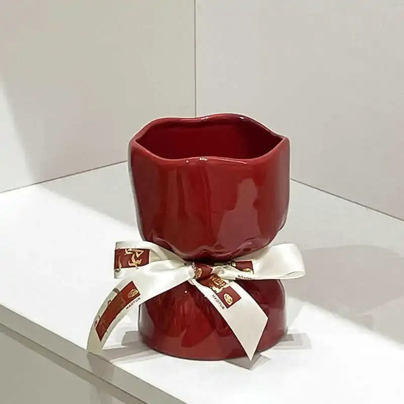 Red bouquet shape ceramic vase with glossy finish and ivory satin ribbon decorbites bouquet shape floral decor