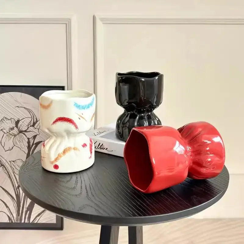 Vibrant red glossy bouquet shape ceramic vase with sculpted hourglass design for living room decorbites bouquet shape decor
