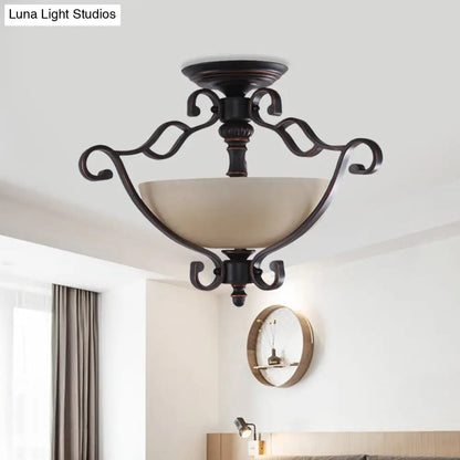 Red Brown Scroll Ceiling Lamp - Rustic Metal 3-Head Semi Mount Lighting with Frosted Glass Shade for Dining Room