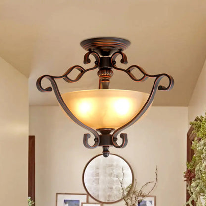 Red Brown Scroll Ceiling Lamp - Rustic Metal 3-Head Semi Mount Lighting with Frosted Glass Shade for Dining Room