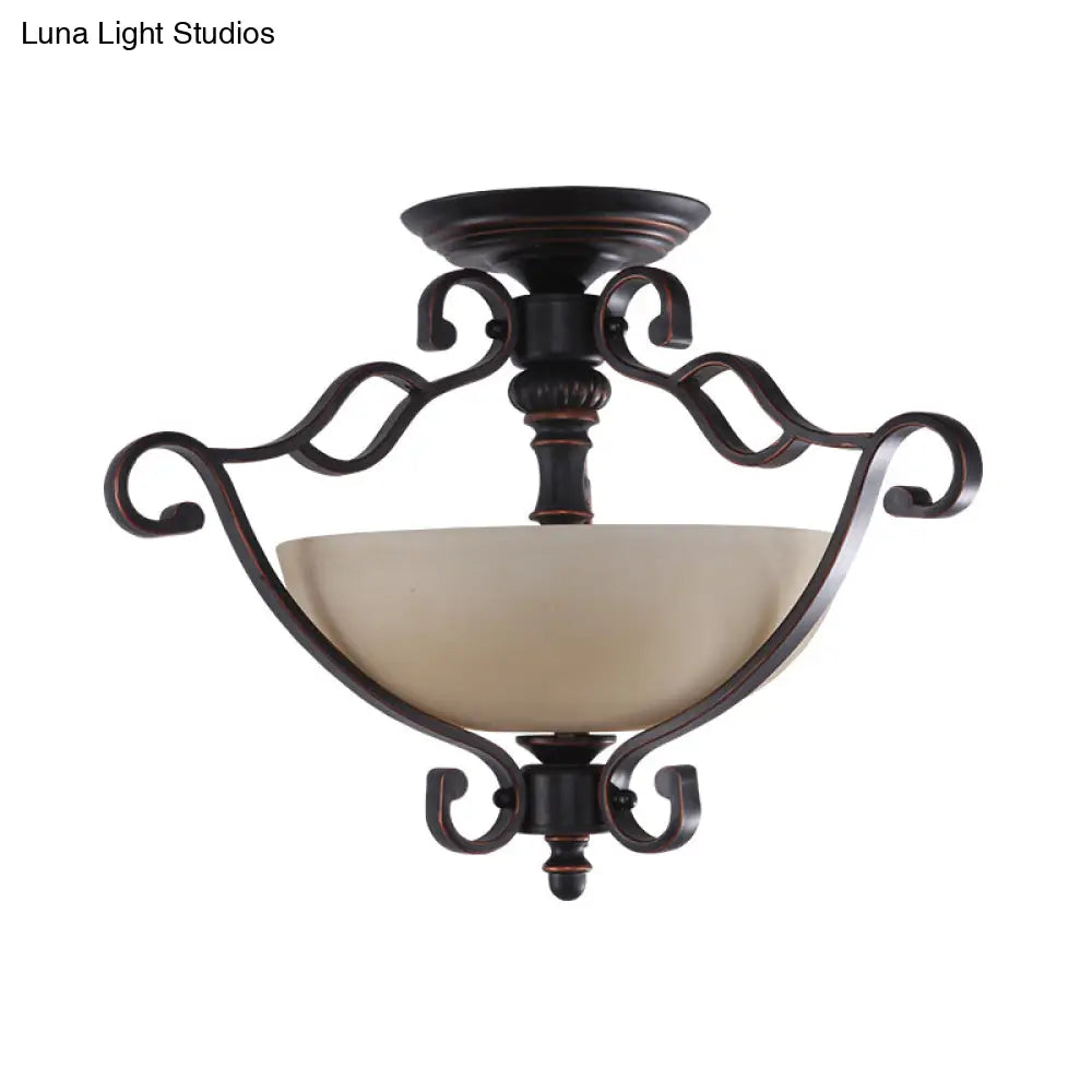 Red Brown Scroll Ceiling Lamp - Rustic Metal 3-Head Semi Mount Lighting with Frosted Glass Shade for Dining Room