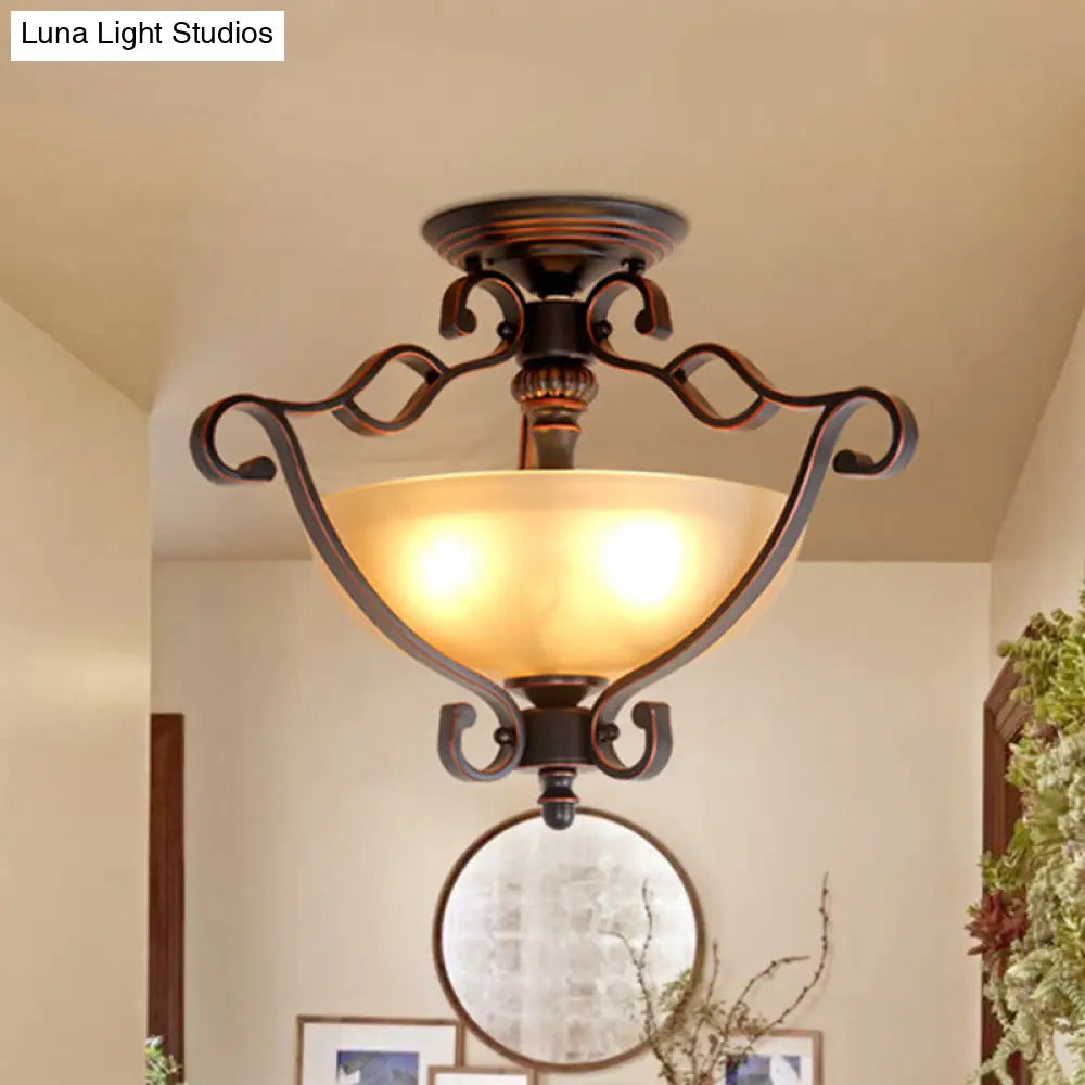 Red Brown Scroll Ceiling Lamp - Rustic Metal 3-Head Semi Mount Lighting with Frosted Glass Shade for Dining Room