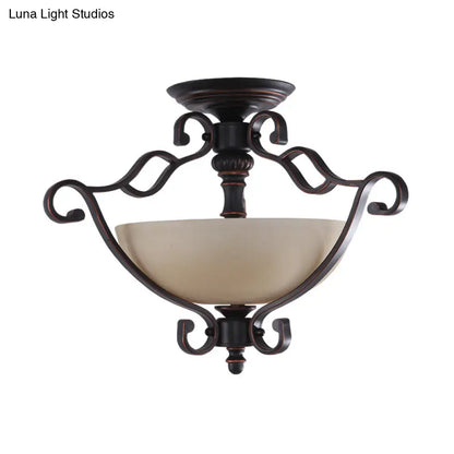 DecorBites™ DecorBites™ Red Brown Scroll Ceiling Lamp - Rustic Metal 3-Head Semi Mount Lighting with Frosted Glass Shade for Dining Room