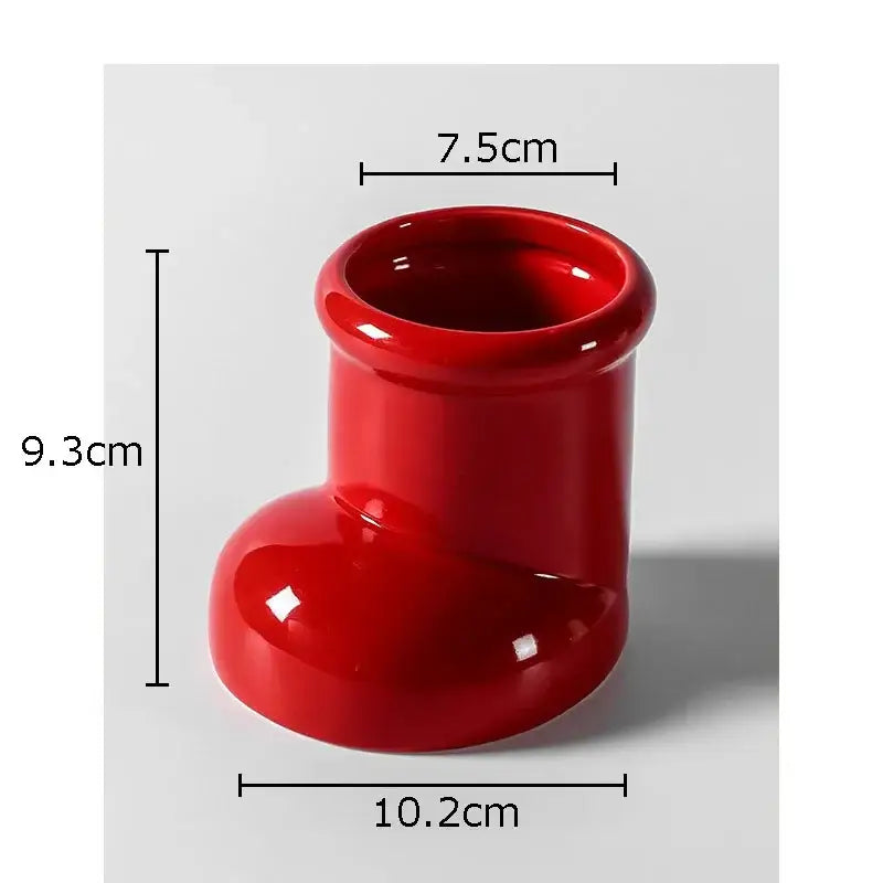 Vibrant red ceramic boot desk organizer box with glossy finish and rounded design for office and kitchen storage