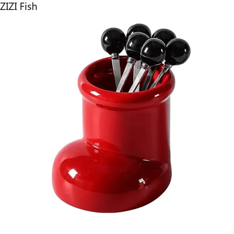 Red ceramic boot desk organizer box with black spherical tops for office and kitchen storage organizer box