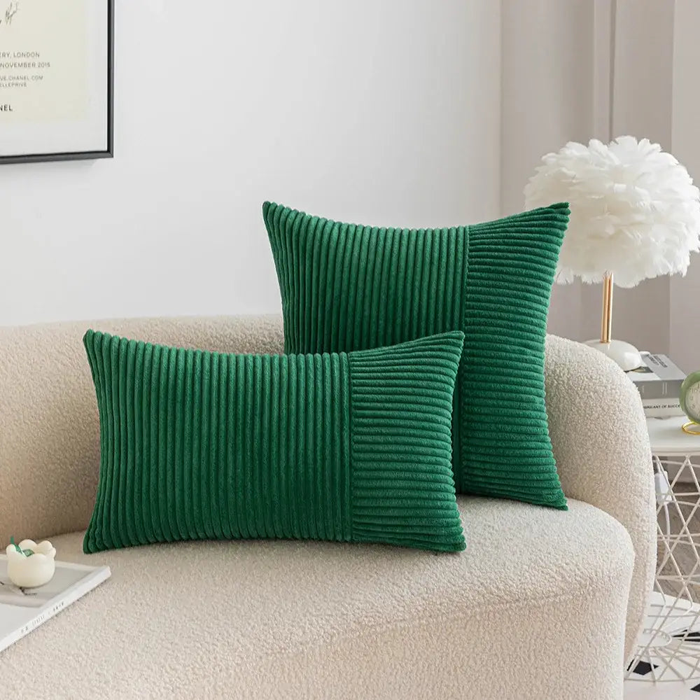 Deep green corduroy patchwork striped cushion covers set of 2 with ribbed texture for living room decorbites decor