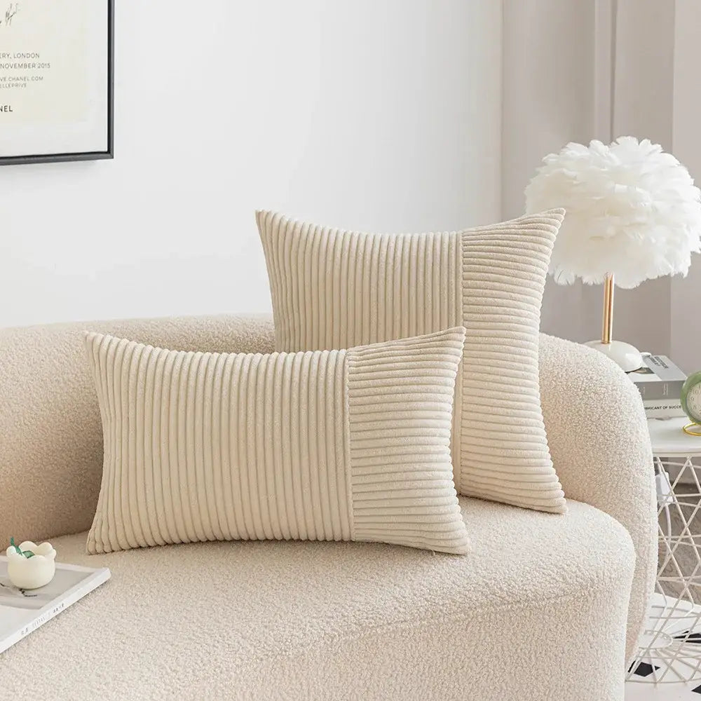 Cream-colored corduroy patchwork striped cushion covers set of 2 with vertical ribbed texture for living room decorbites