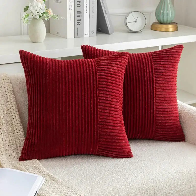 Red corduroy patchwork striped cushion covers set of 2 with vertical ribbed texture for living room decorbites decor