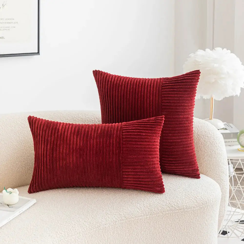 Two rich red corduroy patchwork striped cushion covers set of 2 with vertical ribbed texture for living room decorbites
