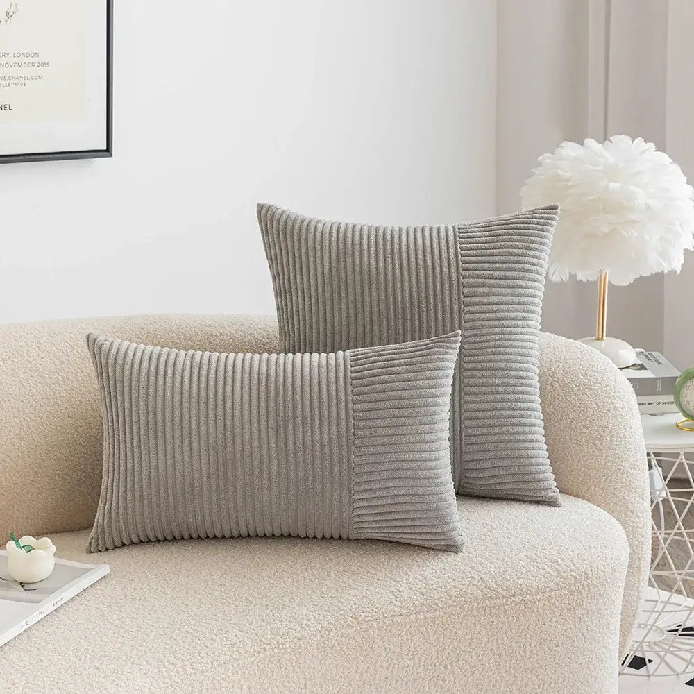 Gray corduroy throw pillows with subtle vertical ribbed texture complement decorbites corduroy patchwork striped cushion covers