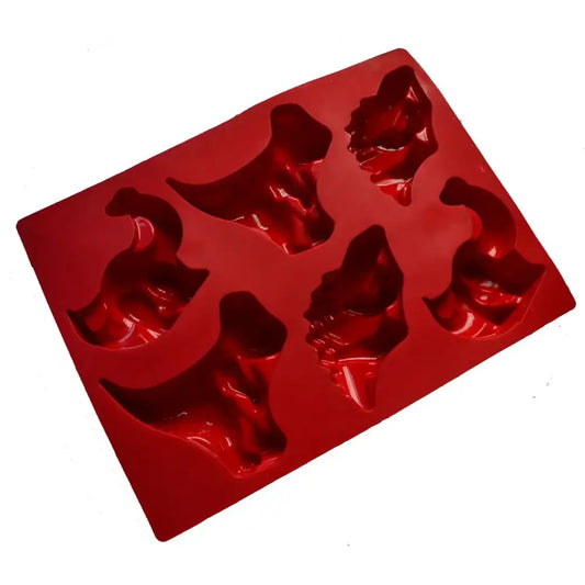 Red dinosaur silicone cake mould and ice cube tray with six dino-shaped molds for decorbites dinosaur silicone use