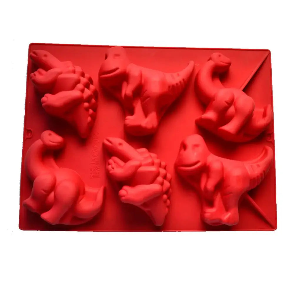 Red silicone dinosaur silicone cake mould with six distinct prehistoric creature shapes for baking and ice cubes