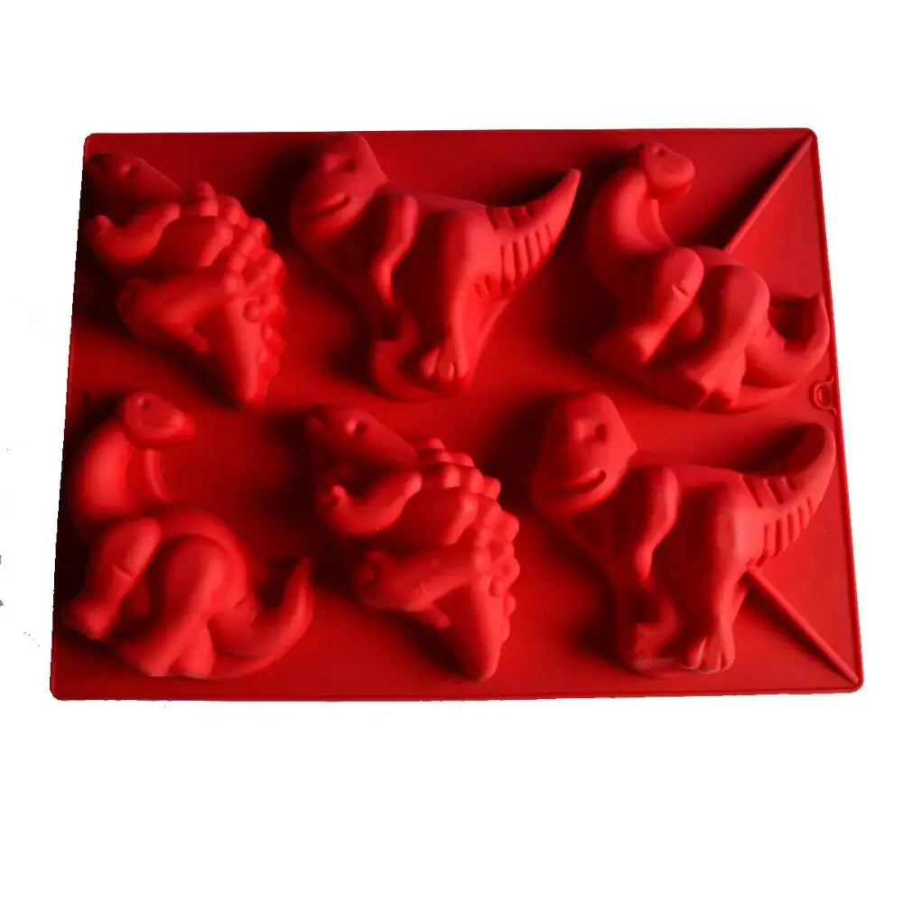 Red dinosaur silicone cake mould featuring six distinct prehistoric creature shapes for baking or ice cubes