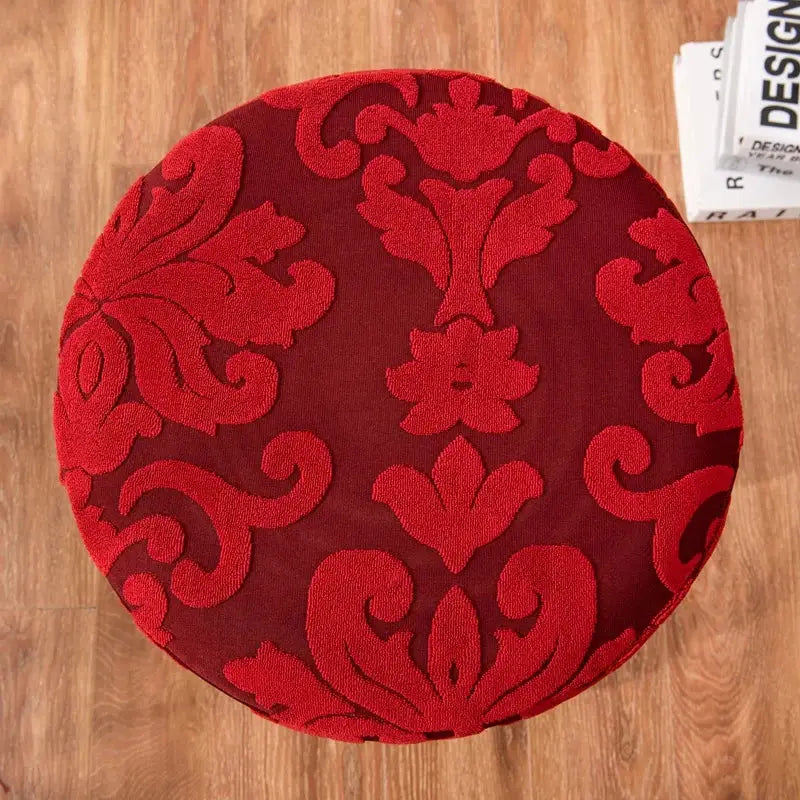 Red circular pouf chair cover with raised floral jacquard elastic bar pattern in darker red fabric decorbites jacquard elastic