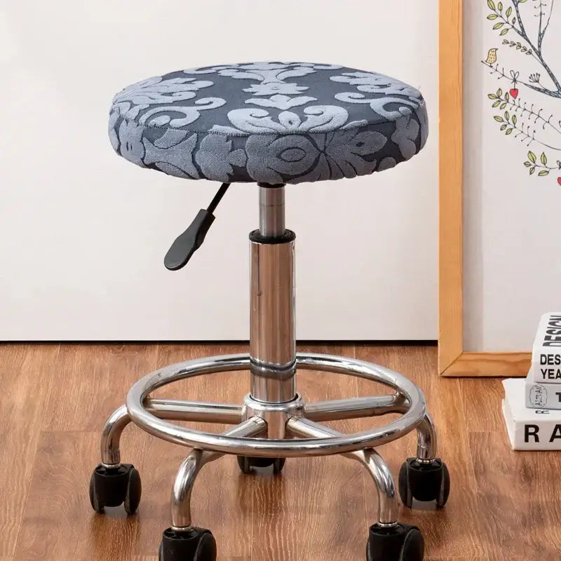 Gray upholstered stool with red embroidered floral jacquard elastic chair cover on chrome frame with casters by decorbites jacquard elastic bar