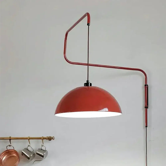 Red enamel dome adjustable pendant light with curved metal arm ideal for kitchen island decorbites pendant light