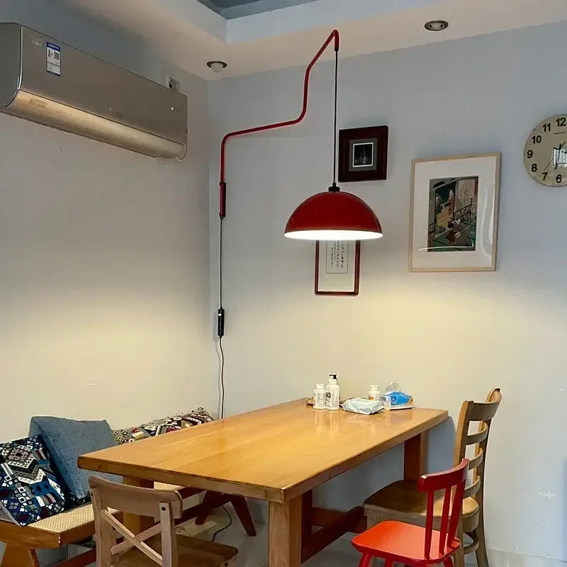 Red enamel dome adjustable pendant light with curved red pipe fixture for kitchen island lighting