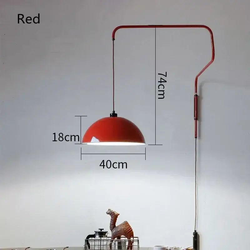 Red enamel dome adjustable pendant light with curved pipe arm and black cord for kitchen island lighting