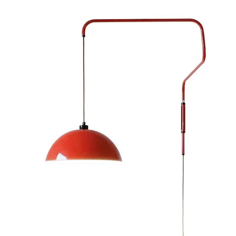Vibrant red enamel dome adjustable pendant light with sleek curved metal arm for kitchen island lighting