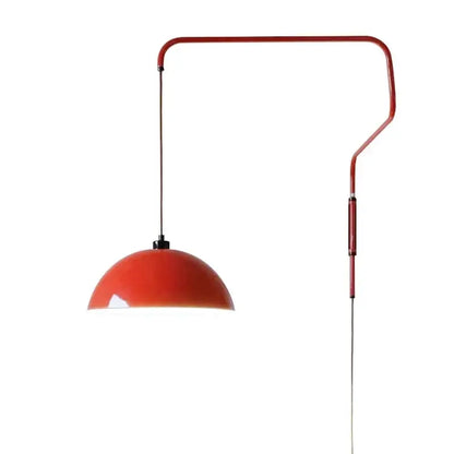 Vibrant red enamel dome adjustable pendant light with sleek curved metal arm ideal for kitchen island decorbites pendant light