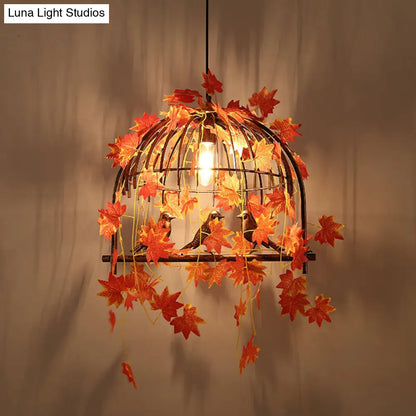 Red Farm Style Hanging Pendant Lamp with Birdcage Design and Maple Leaf Deco