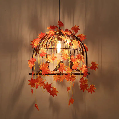 Red Farm Style Hanging Pendant Lamp with Birdcage Design and Maple Leaf Deco