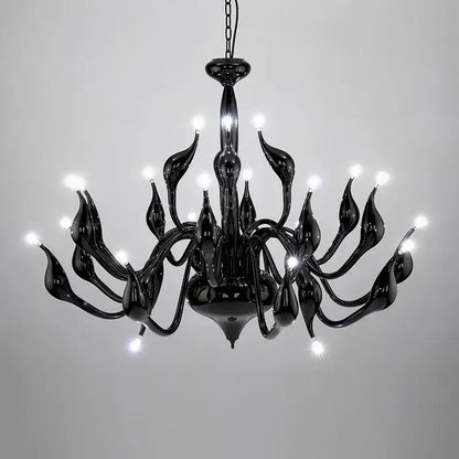 Black glass iron swan pendant lamp chandelier with elegant flame-like arms and multiple glowing lights for living room