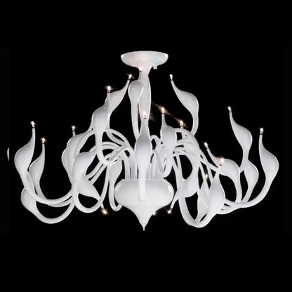 Elegant white murano glass chandelier with flowing curves and candle lights featured as a swan pendant lamp
