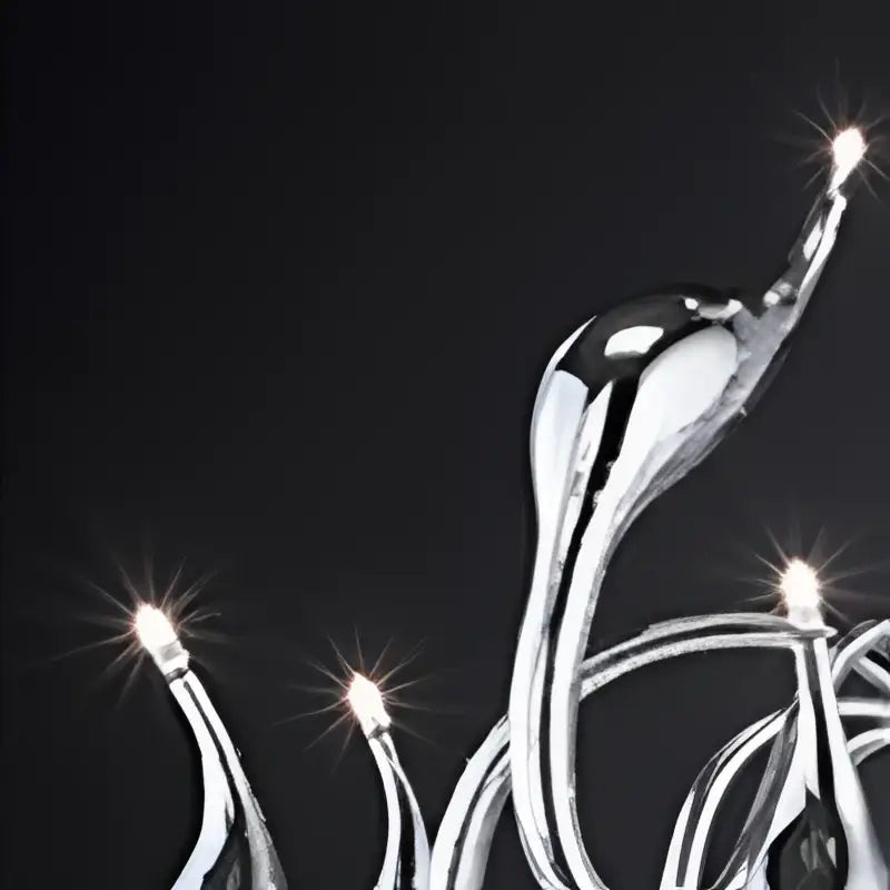 Silver metallic chandelier with flowing sculptural arms and glowing bulbs as a swan pendant lamp for living rooms