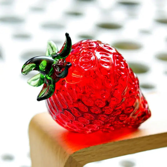 Vibrant red glass strawberry figurine with detailed green leafy top crystal fruit kitchen ornament