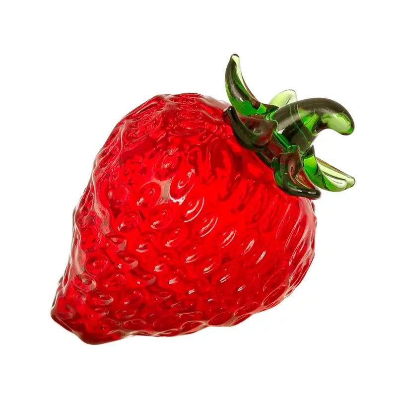 Vibrant red glass strawberry figurine with detailed green stem and leaf crystal fruit ornament for kitchen decor