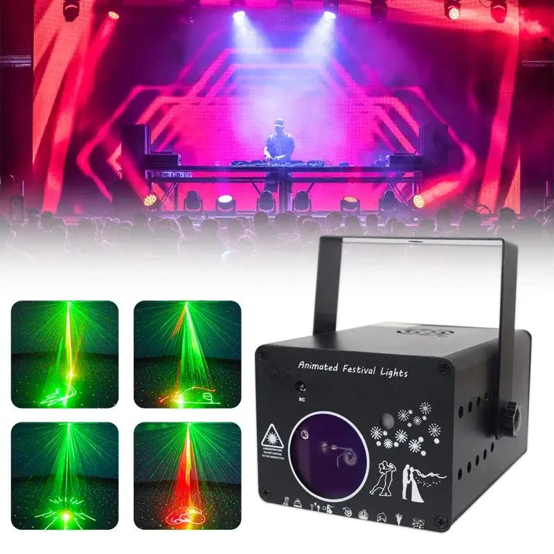 Black rectangular laser projection light with handle, white engraved text, and snowflake patterns for living room decorbites 3d animation