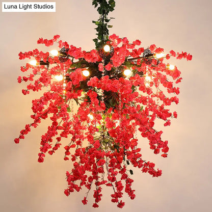 Red Iron Starburst Flower Chandelier Pendant Light with Crystal Bead Strand - 19 Lights