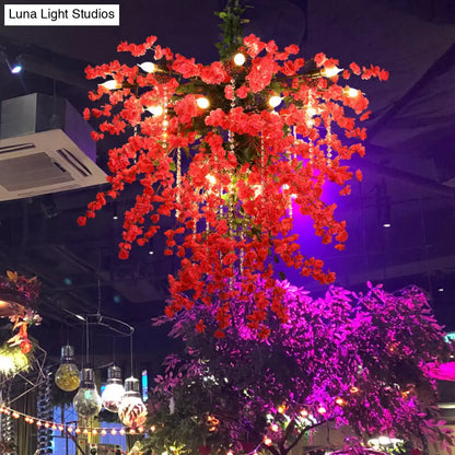 Red Iron Starburst Flower Chandelier Pendant Light with Crystal Bead Strand - 19 Lights