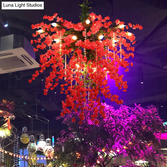 Red Iron Starburst Flower Chandelier Pendant Light with Crystal Bead Strand - 19 Lights