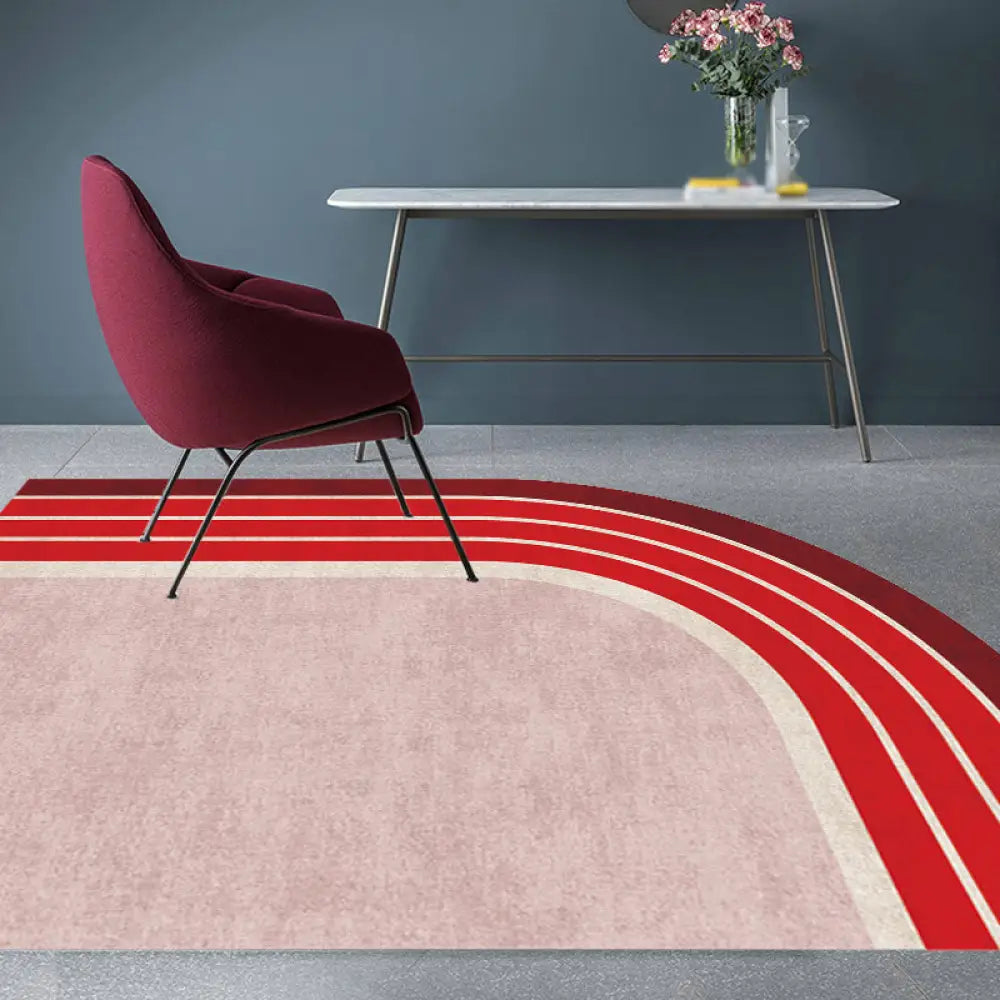 Red Irregular Bedroom Rug with Color Block Stripe Pattern - Novelty Polyester Area Carpet that is Pet-Friendly