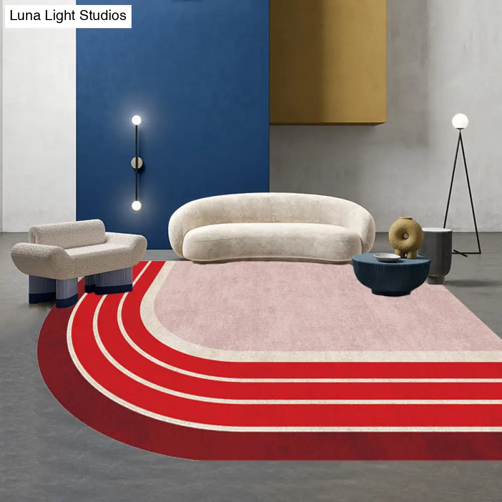 Red Irregular Bedroom Rug with Color Block Stripe Pattern - Novelty Polyester Area Carpet that is Pet-Friendly