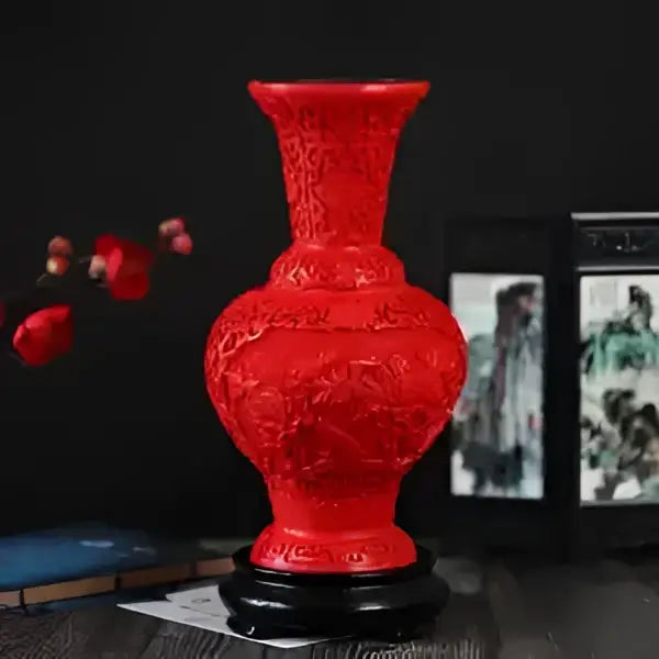 Red lacquerware flower auspicious vase in red ceramic with intricate dragon carving and black base for living room decor