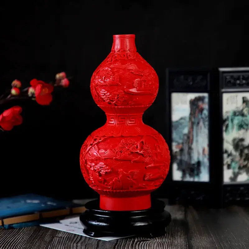 Vibrant red lacquerware flower auspicious double-gourd vase with intricate dragon carving for living room decor