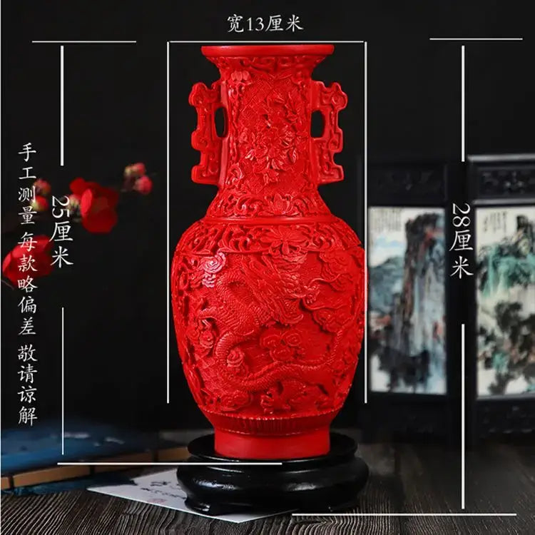 Vibrant red lacquerware flower auspicious vase with dragon carving and ornate handles for living room decor