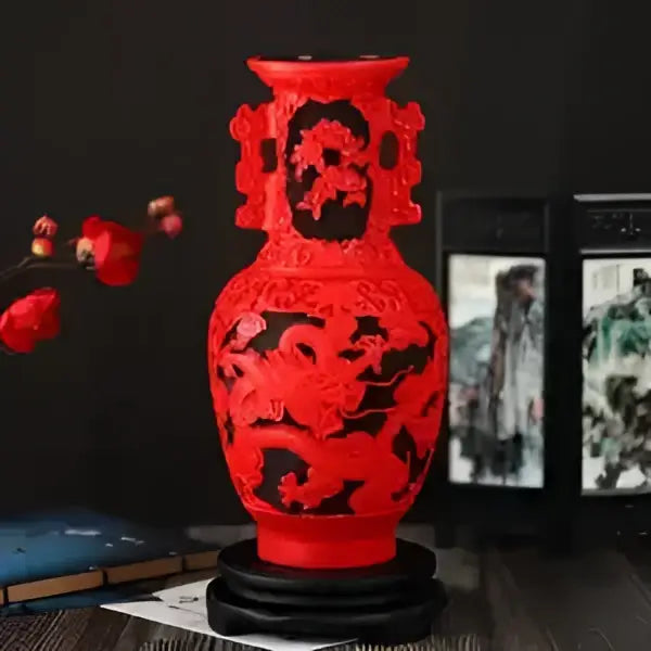 Red ceramic vase with black dragon and cloud carvings in red lacquerware flower auspicious design for living room